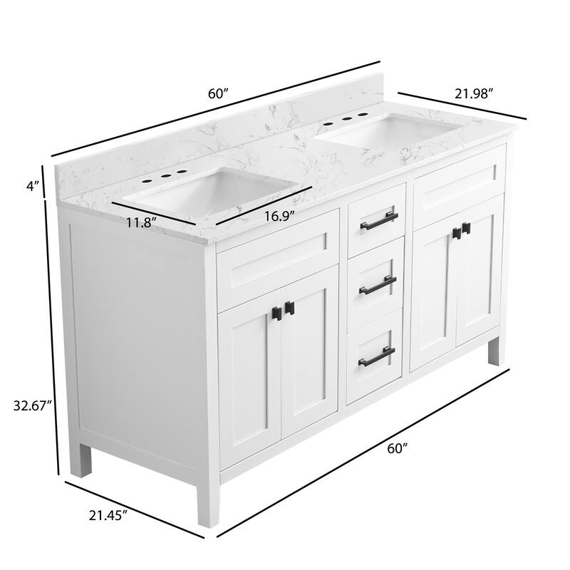 Nephelily 60 inch Bathoom Vanity With Quartz Top Double Sinks, Easy-to-Install
