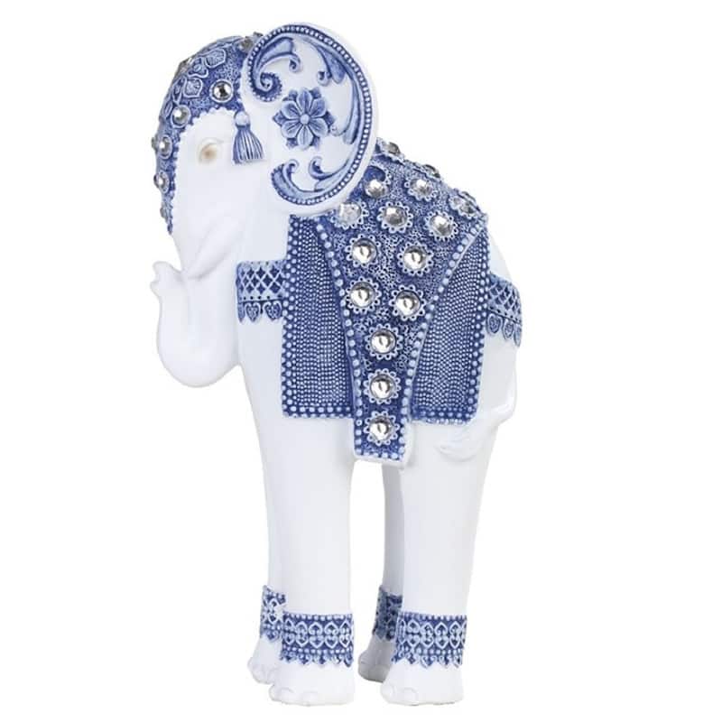 Q-Max 9"H Standing Long Legged Elephant with Decorative Gem Statue Slim Elephant in Blue and White Feng Shui Decoration Figurine