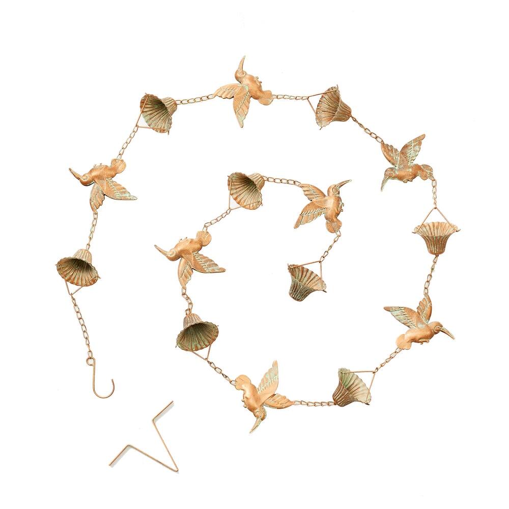 Glitzhome 102" Long Faux Copper Rain Chain with 15-Piece Patina Finish Bird and Cups