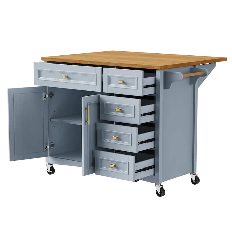 52" Rolling Kitchen Island Cart, Embossed Texture Kitchen Island on Wheels, Kitchen Storage Cart with Drop Leaf