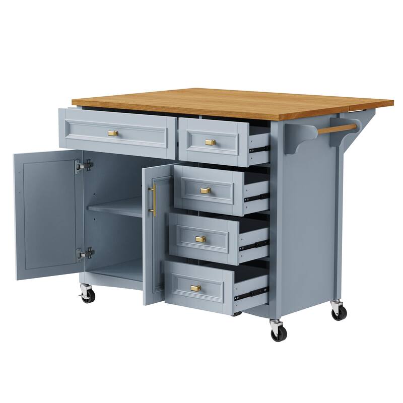 Kitchen Island with Drop Leaf, Adjustable Shelf, Embossed Texture Rolling Storage Cabinet w/Spice Rack & Towel Rack for Kitchen
