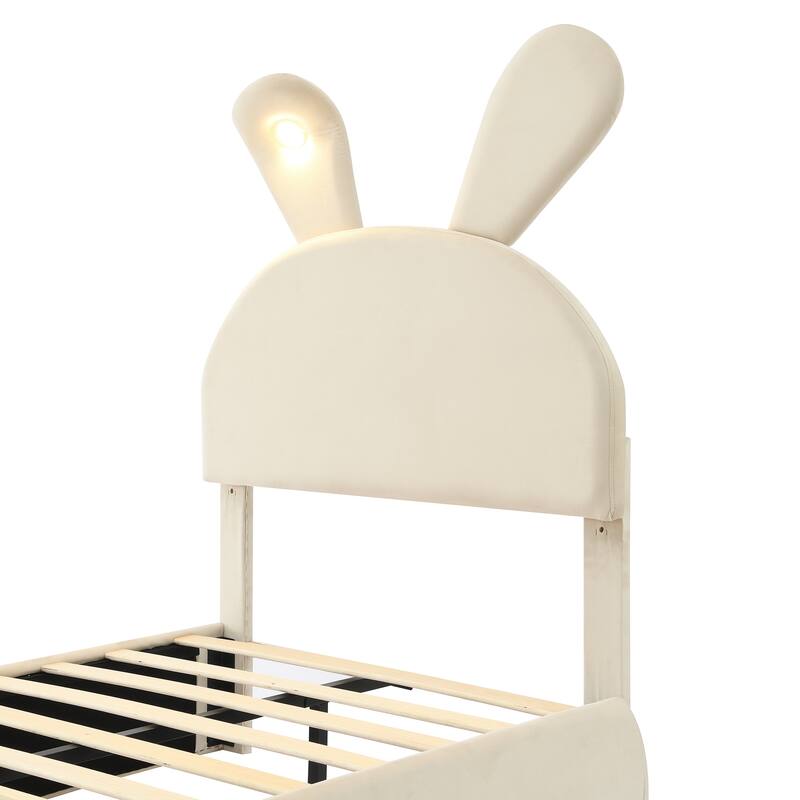 Twin Size Upholstered Velvet Platform Bed Frame with Cartoon Ears Shaped Headboard and LED Night Light for Bedroom