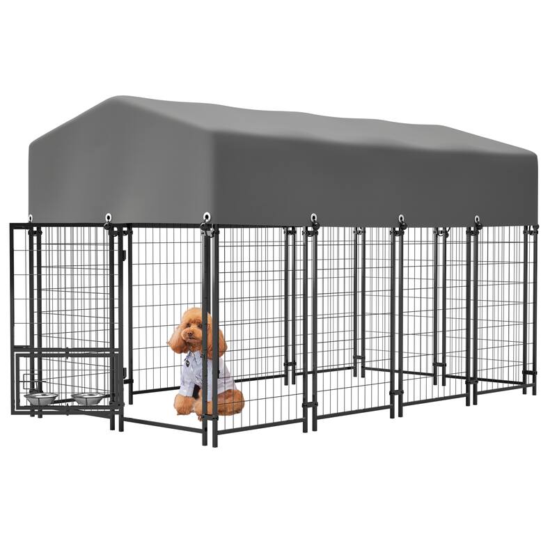 GDFStudio - Large Outdoor Heavy Duty Metal Dog Kennel with Roof, UV-Resistant Waterproof Cover, Double Lock & Rotating Feeder