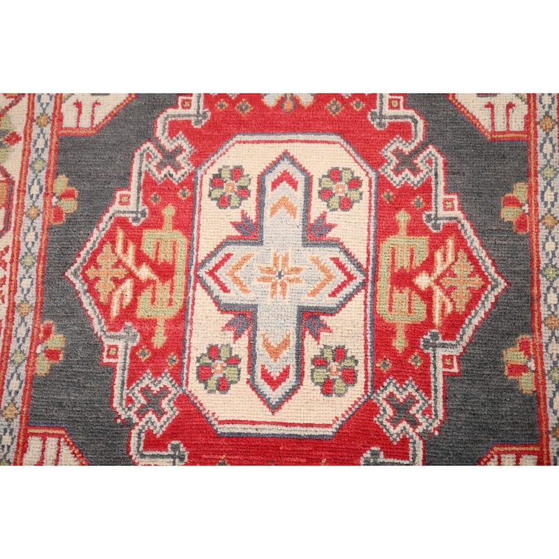 Geometric Kazak Oriental Accent Rug Handmade Grey Wool Carpet - 3'1" x 5'1"