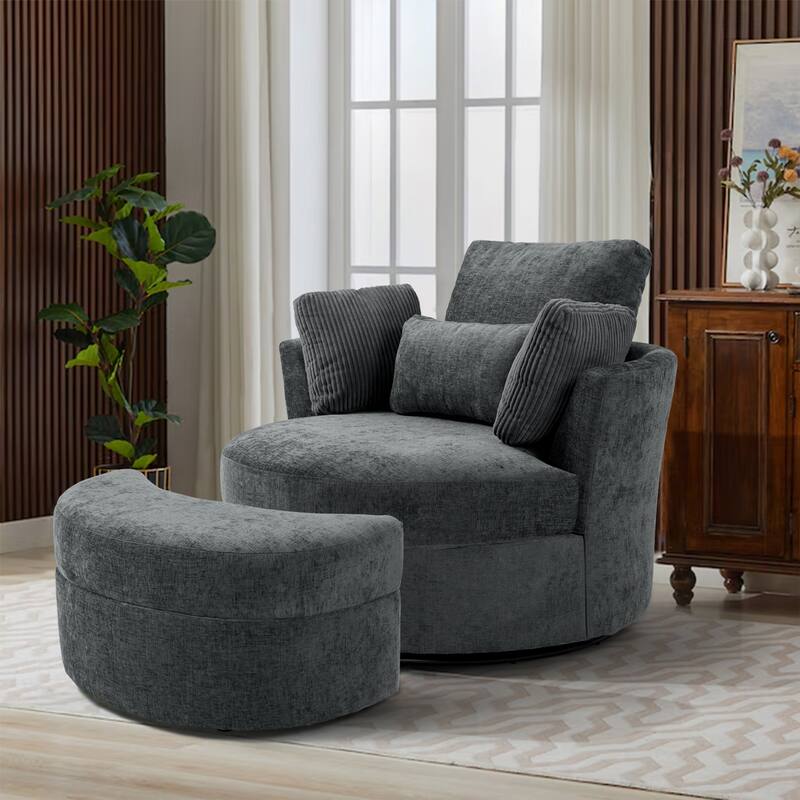 41" W Oversized Accent Barrel Swivel Chair with Moon Storage Ottoman
