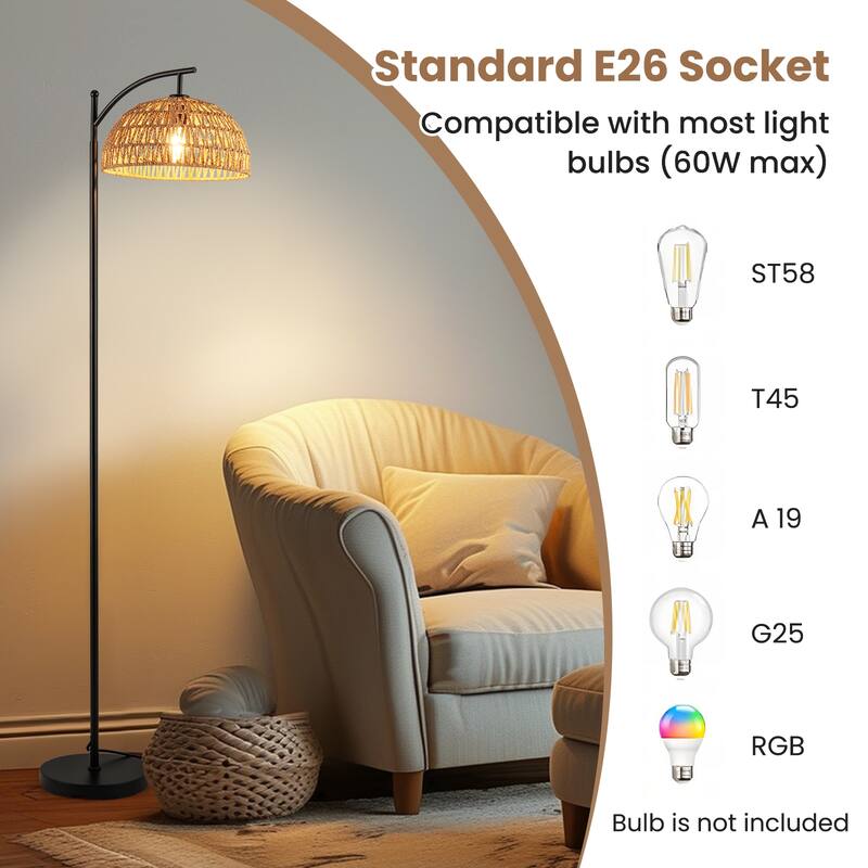Modern Arc Floor Lamp with E26 Socket and Paper Rope Shade Adjustable Lighting for Living Room - 10"Dia × 63"H