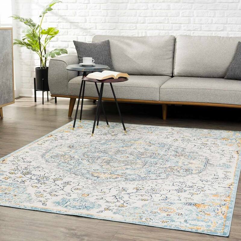Tigris Pasha Oriental Medallion Bohemian Vintage Distressed Area Rug - 7'10"x10' - Blue, Ivory, Grey
