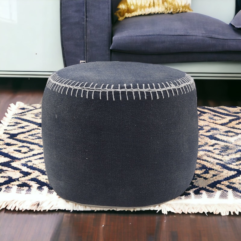 Blue Cotton Striped Pouf Ottoman for Footrest, Seat or Table, 18 Inch