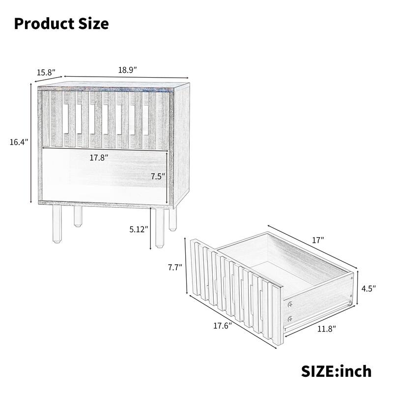 2-Pack Modern Nightstands with Grille Striped Doors, Metal Legs, Storage Drawers for Bedroom