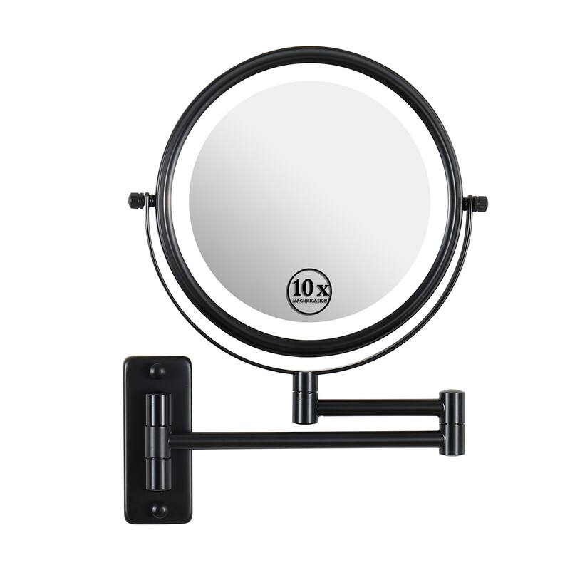 8 in. Small Round 10X Magnifying 3-Color-LED Touch Screen Bathroom Makeup Mirror with Built-in Battery and Type-C Port - Black