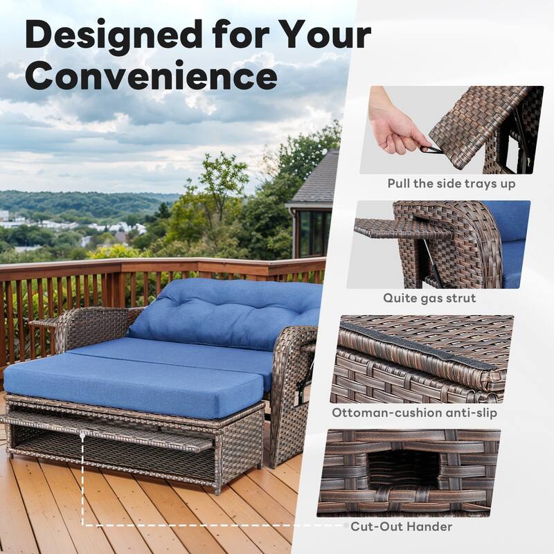 Outdoor Patio Lounge Chair with Ottomans - Brown