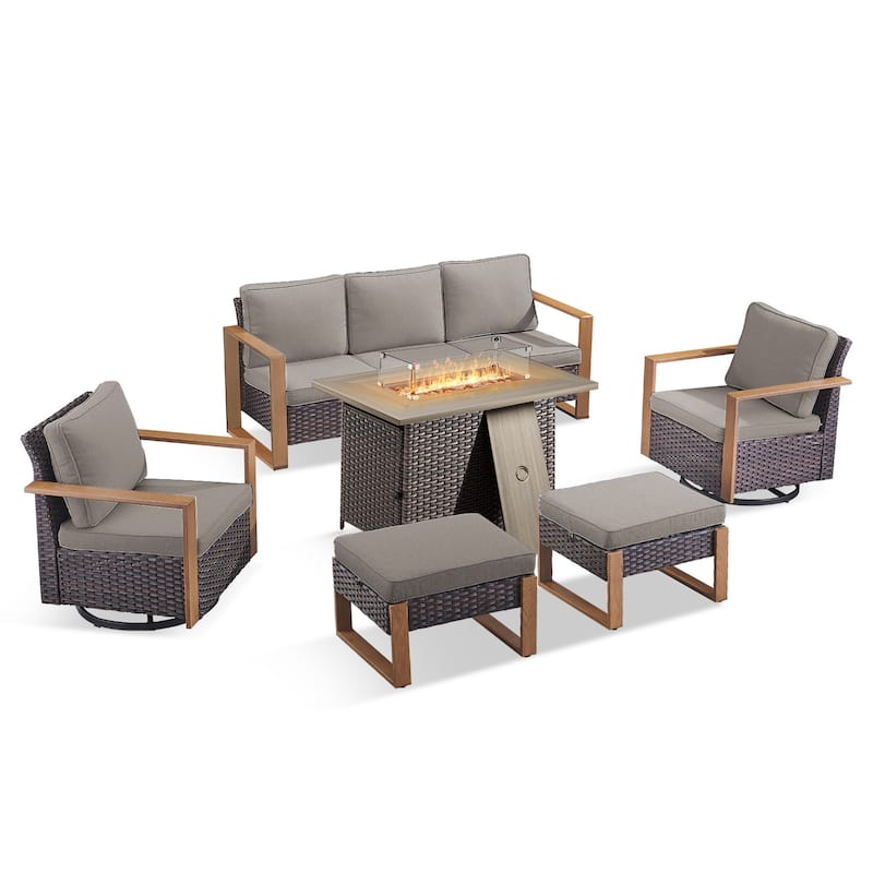 Pocassy Outdoor Wicker Sofa Swivel Chair with Fire Table Set
