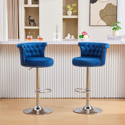 Velvet Bar Stool Set of 2, Adjustable Swivel Bar Stools with Silver Plated Metal Leg, Chrome Nailhead, Counter Height Chair