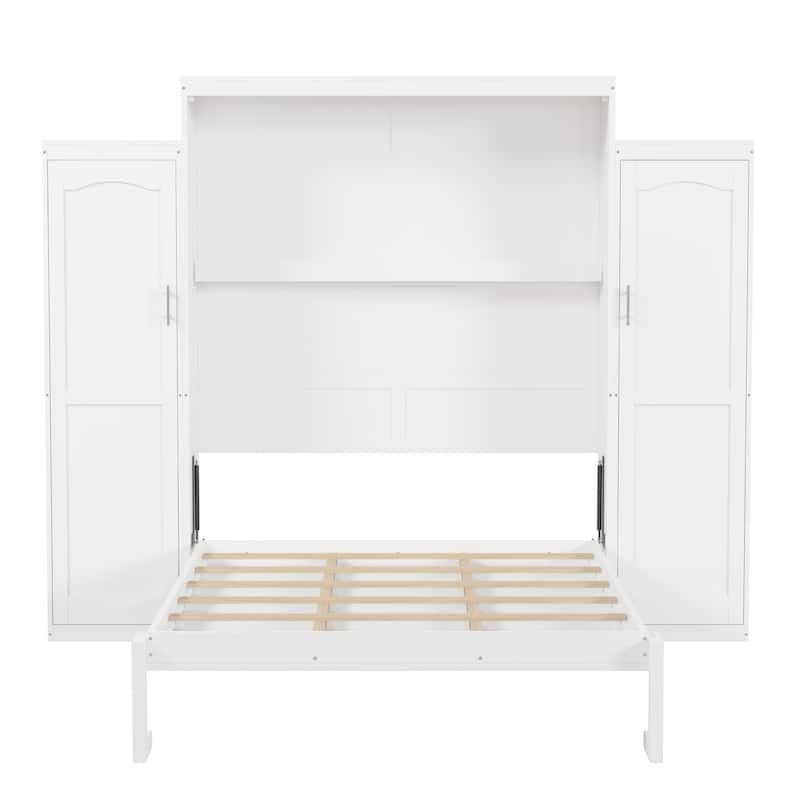 Full/Queen Size Murphy Bed, Wood Wall Murphy Bed with Two Closets and Shelves, Foldable Platform Bed Frame with Wooden Slats
