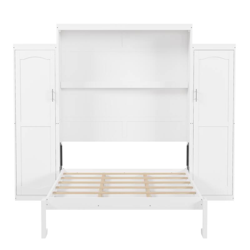 Wooden Foldable Murphy Bed Frame with 2 Wardrobe, Storage Shelf on Headboard, Pine Wood Platform Bedframe