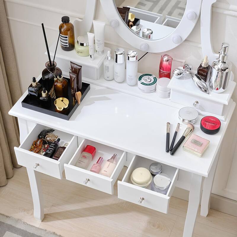 Modern Makeup Vanity Desk with Mirror, Light and Stool