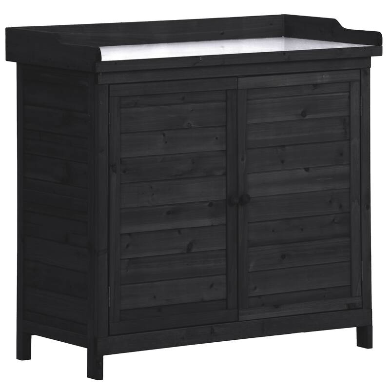 Patio Garden Potting Bench Table, Outdoor Garden Wooden Storage, Patio Workstation with 2-Tier Shelves and Side Hook