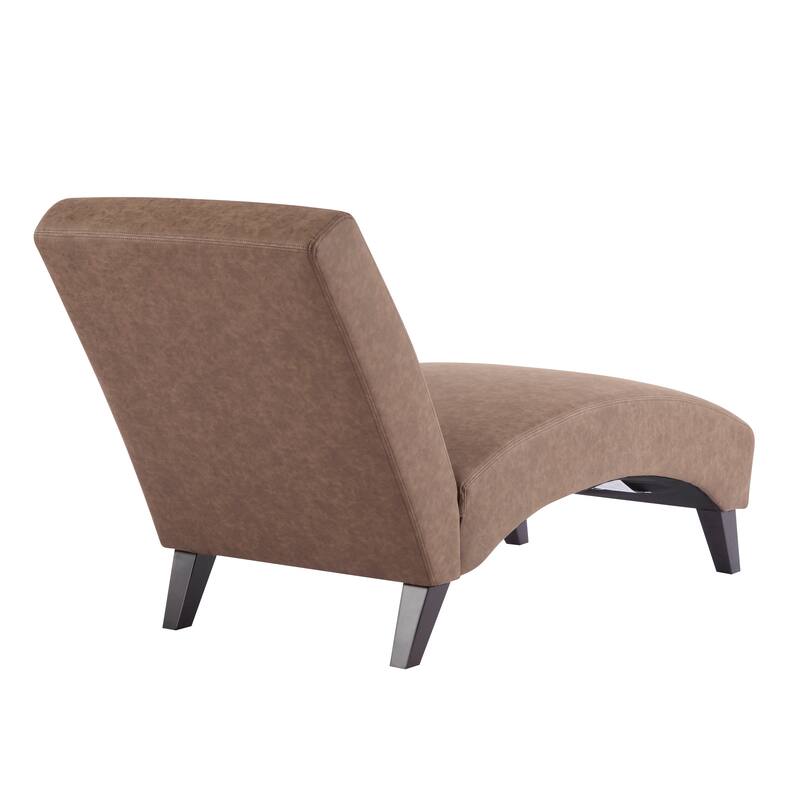 Roomfitters Modern Faux Leather Chaise Lounge with Curved Seat and Angled Wood Legs, Dark Coffee