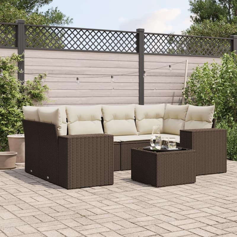vidaXL Patio Sofa Set with Cushions Outdoor Furniture 7 Piece Poly Rattan - 24.4 x 24.4 x 27.2 - Brown and cream