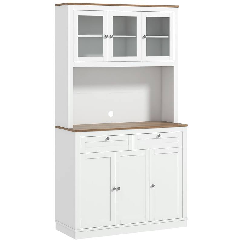 Modern Tall Storage Cabinet with Microwave Stand, 2 Drawers and Adjustable Shelves