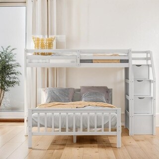Elegant Twin over Full Loft Bed with Staircase, Ladder with 3 Storage Grids, Sturdy Construction & Safety Guaranteed, White
