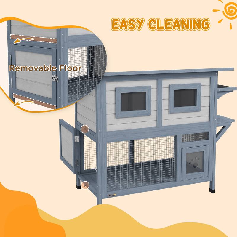PawHut Outdoor Cat House, 2 Tier Weatherproof Feral Cat Shelter with Escape Door, Asphalt Roof, Jump Platform - LIGHT GREY