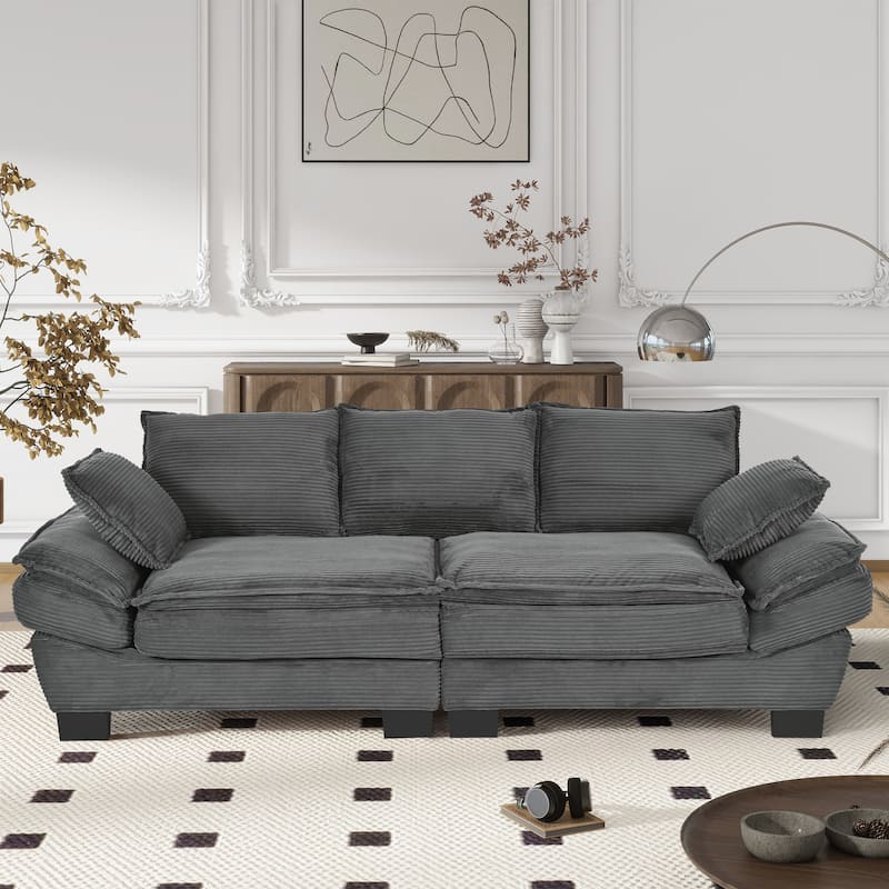 Gray Modern 85.4" Corduroy Upholstered Loveseat Sofa with 2 Decorative Throw Pillows for Living Room - Gray