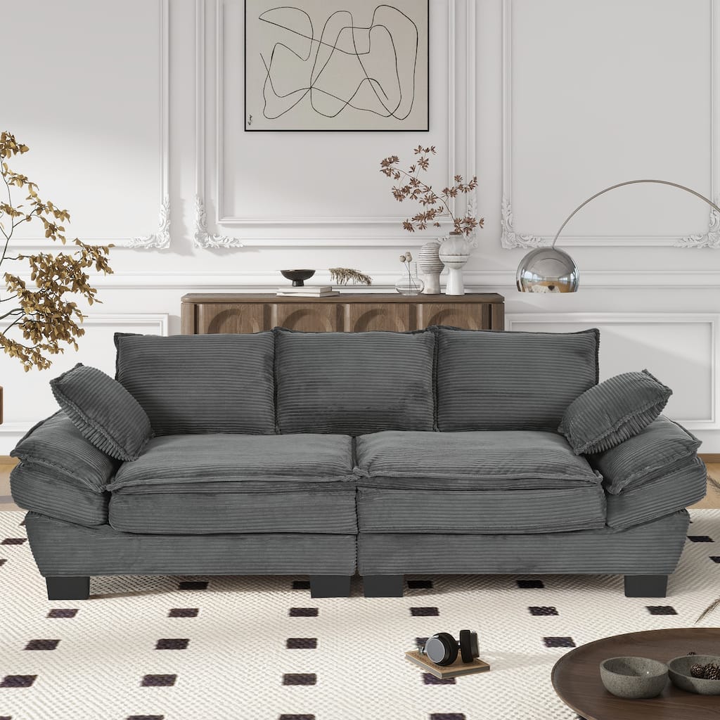 Gray Modern 85.4" Corduroy Upholstered Loveseat Sofa with 2 Decorative Throw Pillows for Living Room