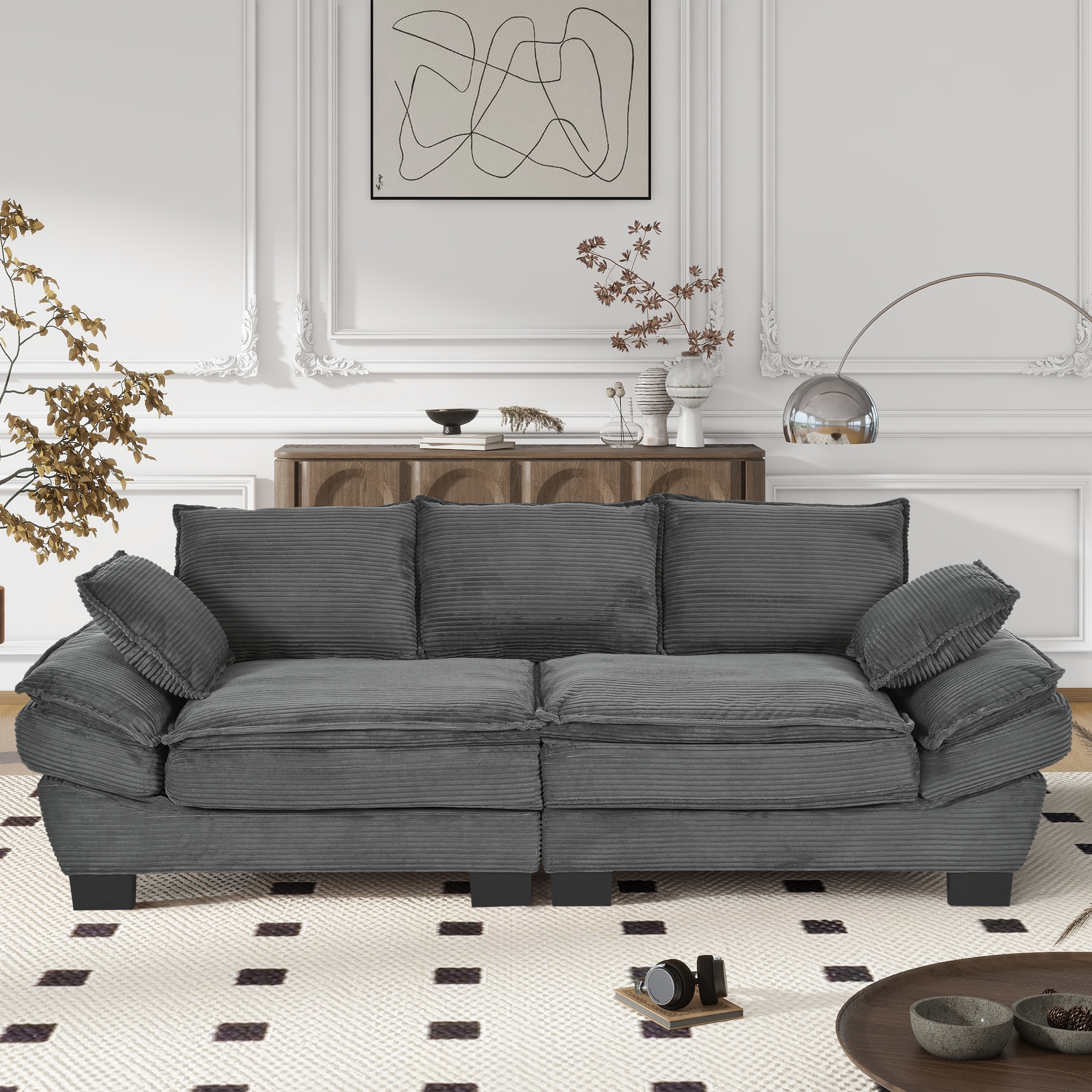 Modern Curved Corduroy Sofa - 85.4" Upholstered Couch with Throw Pillows for Small Spaces