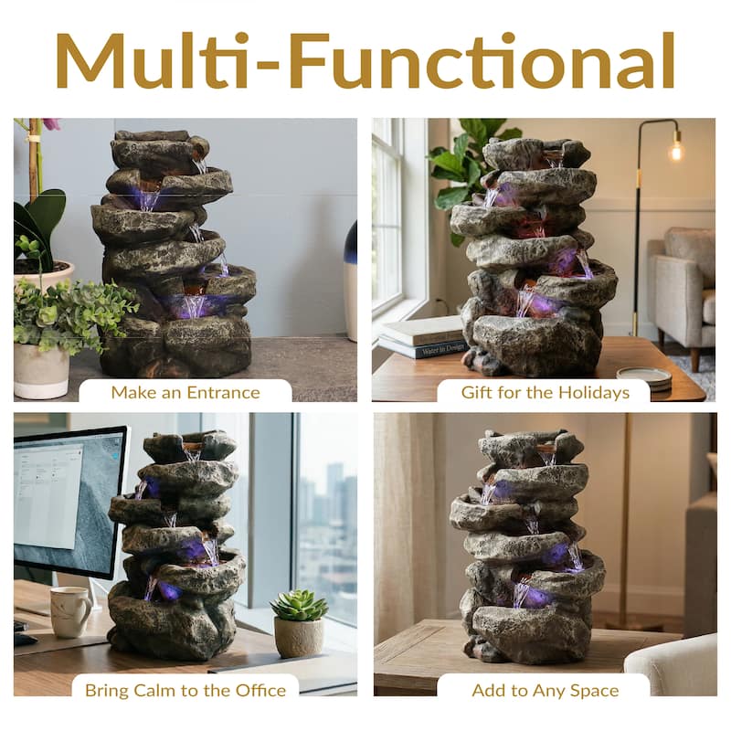 6 Tier Stone Falls Tabletop Indoor Water Fountain Feature w/ LED - 15"