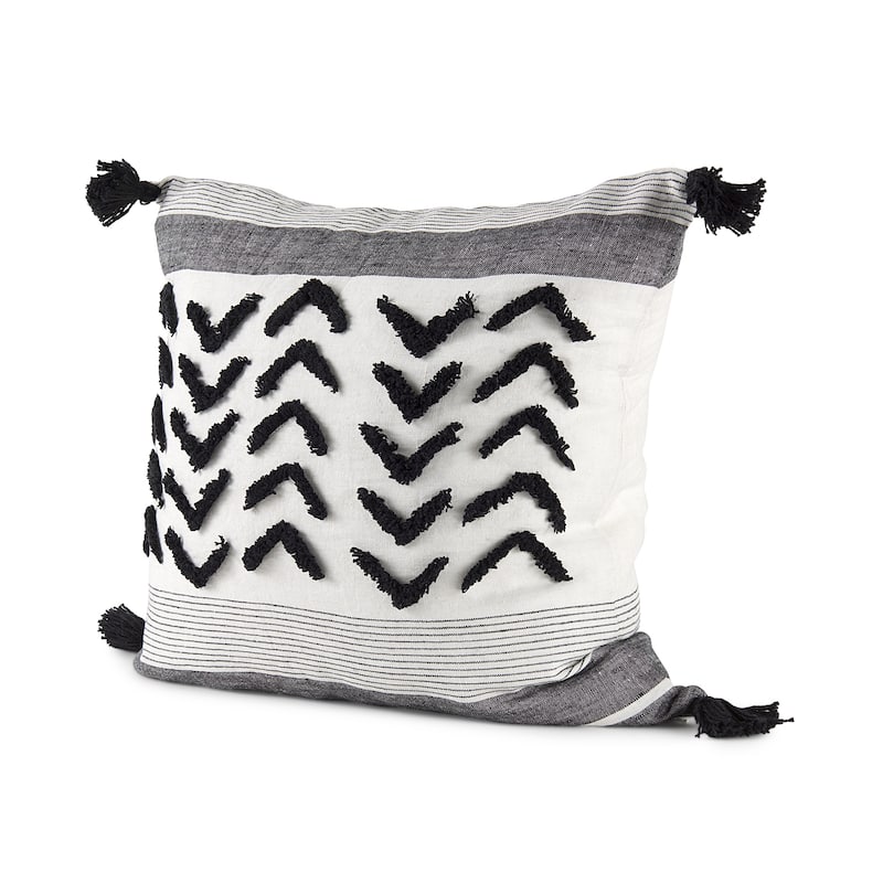 Kimia 14L x 26W White, Gray, and Black Fabric Herringbone and Fringed Decorative Pillow Cover - Pillow Covers - 20.0L x 20.0W x 0.2H - Black - Single