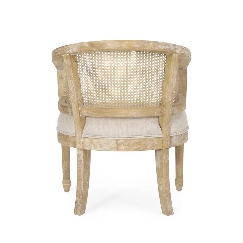 Roomfitters Rattan Accent Chair, Barrel Back Wood Frame with Upholstered Seat, Living Room Seating in Natural Finish