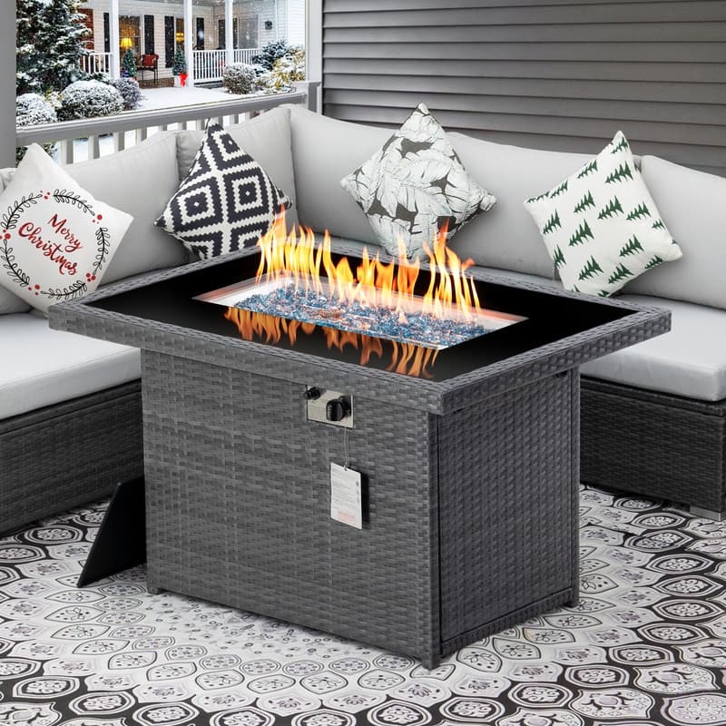 FINCATI 43" Outdoor Wicker Fire Pit Table, 60,000 BTU Rectangular Propane Fire Pit, Dual-fuel Natural Gas Convertible Fireplace