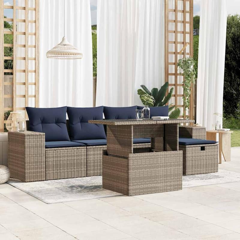 vidaXL Patio Sofa Set with Cushions Sectional Couches 6 Piece Poly Rattan - 21.7 x 24.4 x 27.2 - Grey