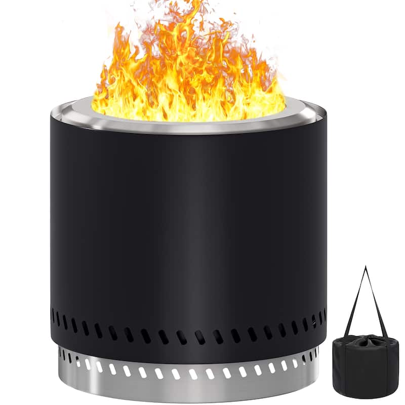Stainless Steel Wood Burning Smokeless Portable Round Fire Pit Table - 15" - 15"-Black