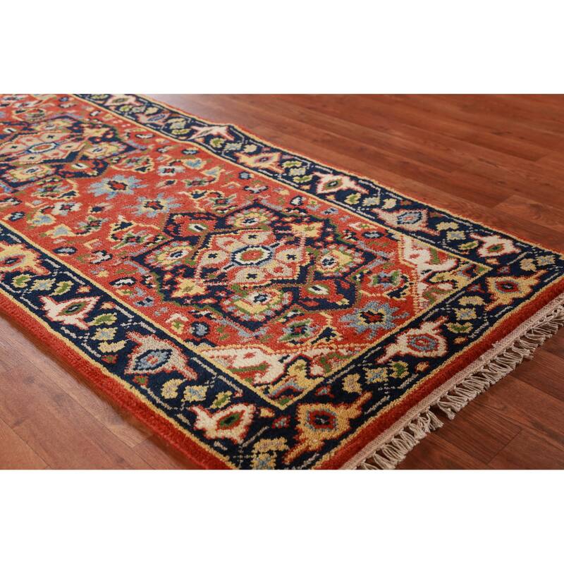 Hand Knotted Oriental 100% Wool Carpet Traditional Geometric Oranges & Rust Heriz (serapi) Runner Rug - 9' 9'' X 2' 6''