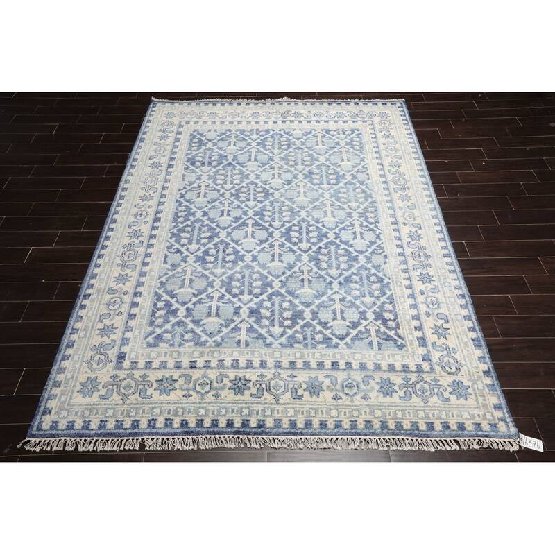 Hand Knotted Oushak Blue Oriental Wool Transitional Oriental Area Rug
