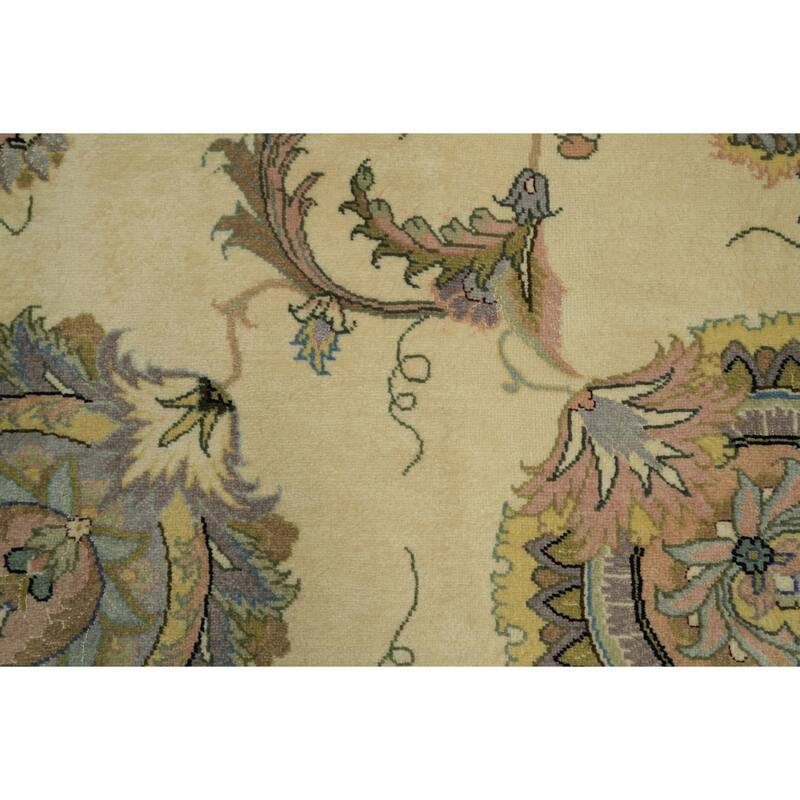 Hand Knotted Oriental Wool & Silk Carpet Traditional All-Over Beige & Ivories Tabriz Area Rug - 9' 11'' X 6' 6''