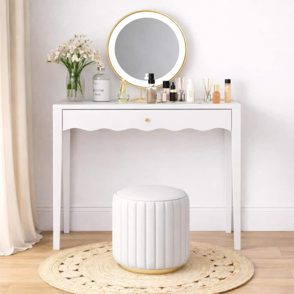 Anmytek White Vanity Desk with Drawer and Gold Knob Scalloped Edge MDF for Bedroom Dorm Home Office