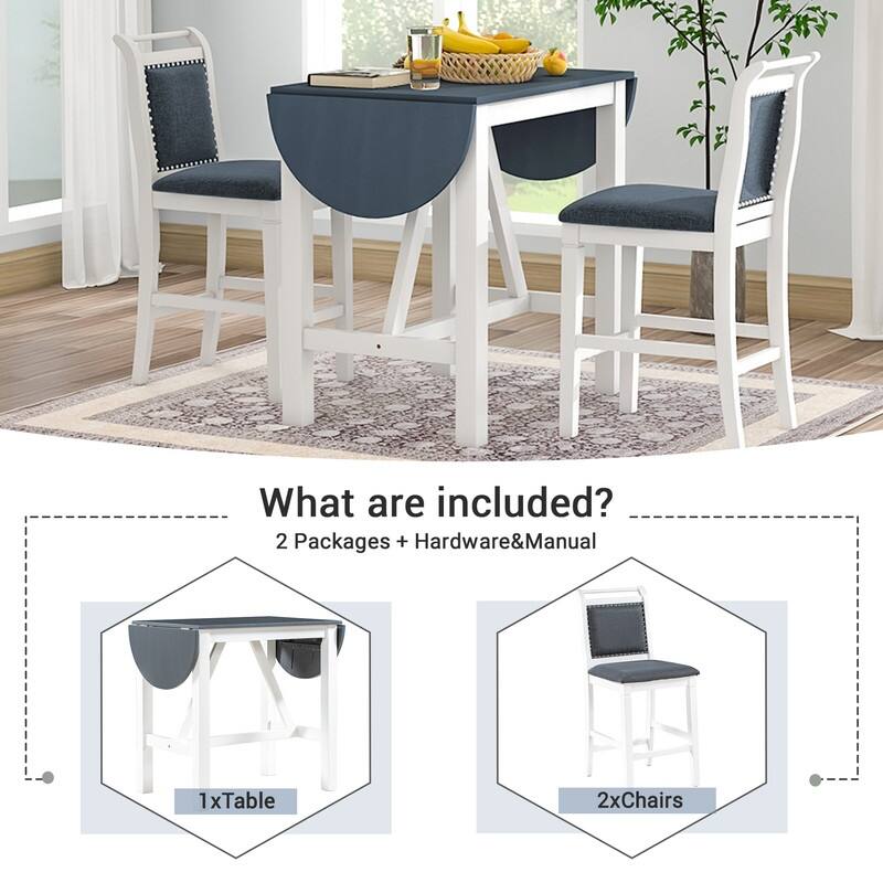 3-Piece Wood Counter Height Drop Leaf Dining Table Set with 2 Upholstered Dining Chairs for Small Place