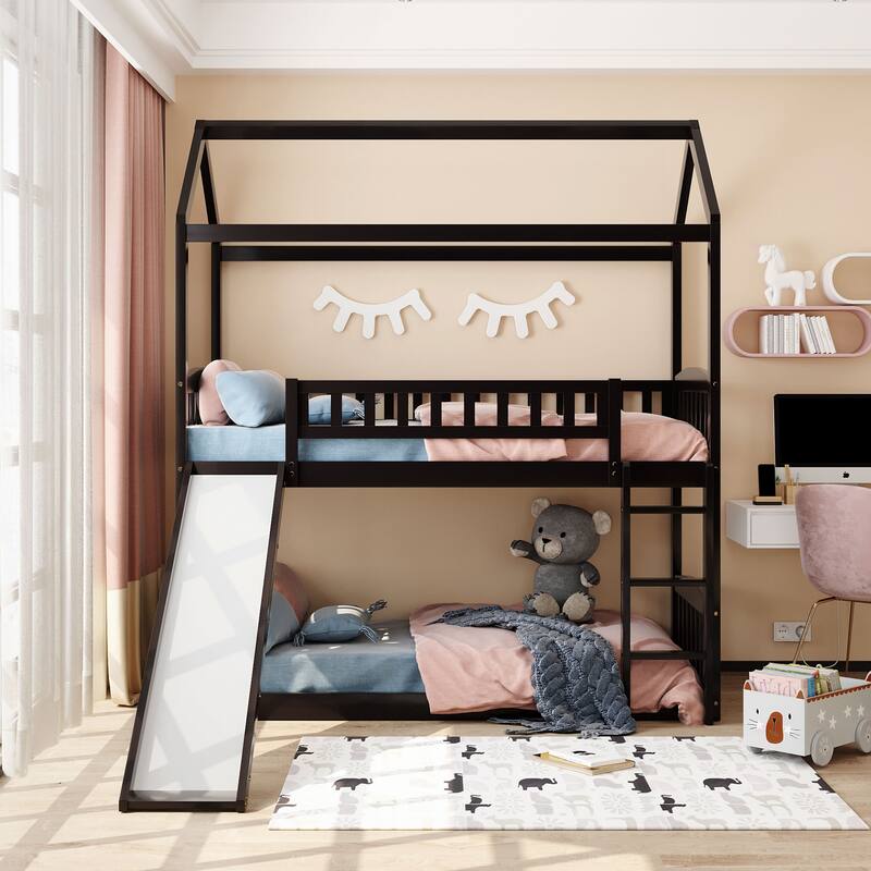 Merax House Twin over Twin Bunk Bed with Slide for Kids