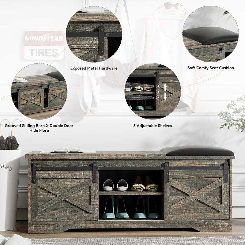 WESOME 47 inch Shoes Bench with Sliding Barn Door Storage Cabinet and Adjustable Shelves - 47.24"Lx15.35"Dx18.7"H