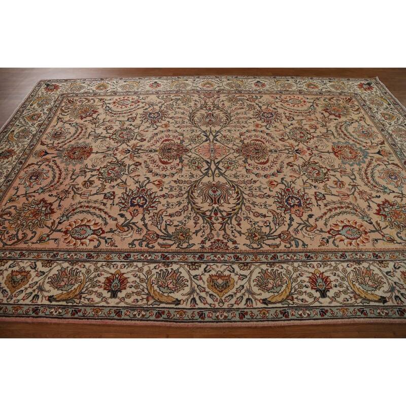 Hand Knotted Oriental 100% Wool Carpet Traditional All-Over Peach Tabriz Area Rug - 11' 2'' X 7' 7''