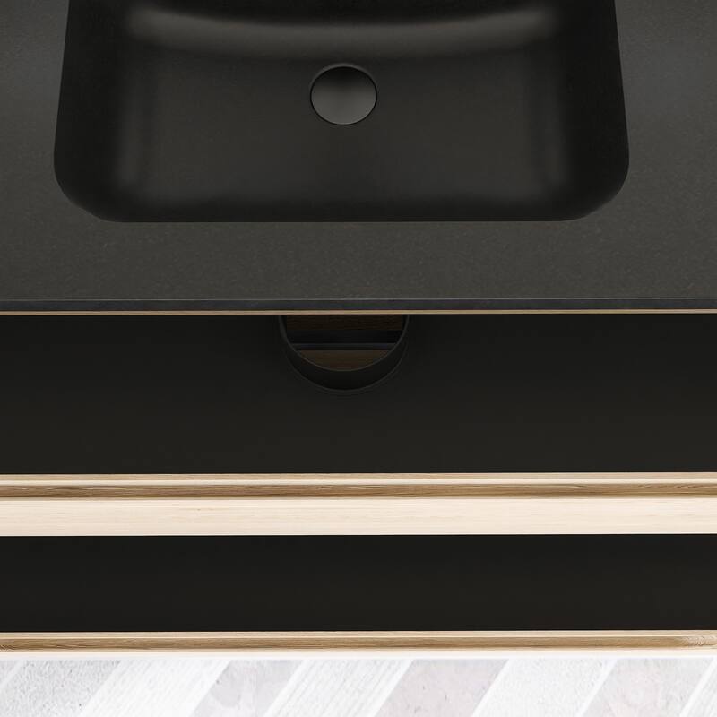 Floating Bathroom Vanity in Evita Oak with Integrated Quartz Sand Top