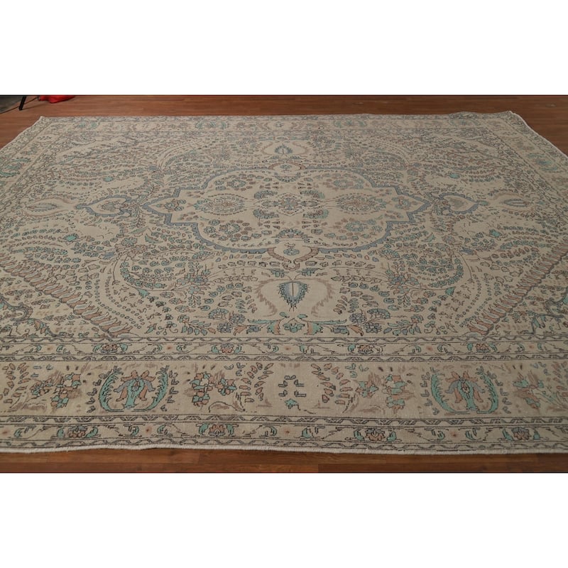Traditional Beige Tabriz Persian Area Rug Handmade Wool Carpet - 10'3"x 12'8"