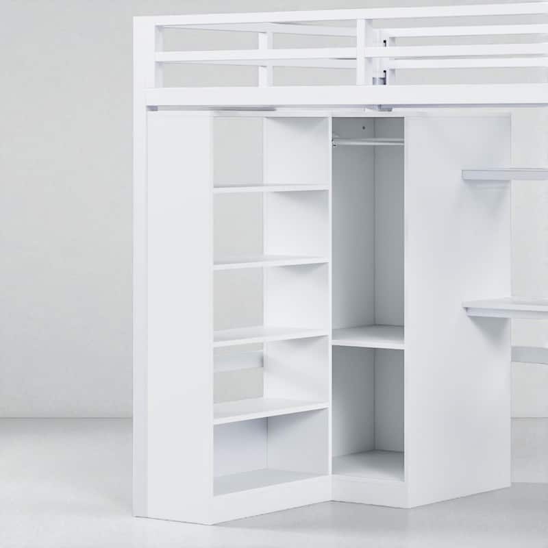 Metal Twin/Full Loft Bed with Desk, USB Ports, Wardrobe, 5-Layer Shelf, Stepped Stairs
