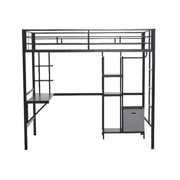 slide 2 of 15, Twin Size Metal Loft Bed with Desk and Storage Shelves Black
