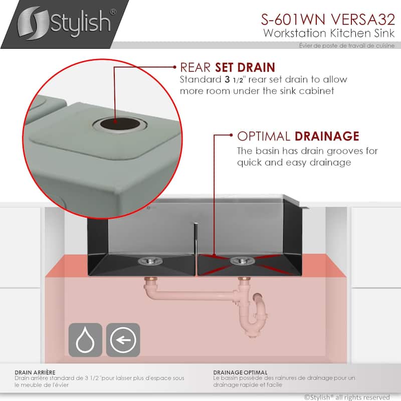 Stylish Undermount 32" Stainless Steel Double-Bowl 16G Kitchen Sink - 32" x 19" x 10"