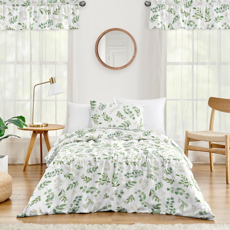 Floral Leaf Collection Girl 2-piece Twin-size Comforter Set - Green and White Boho Watercolor Botanical Woodland Tropical Garden