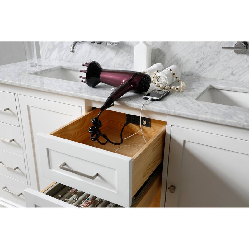Chanceton 71 in. Vanity in White with White Carrara Marble Top with white basins and 1 Large Mirror